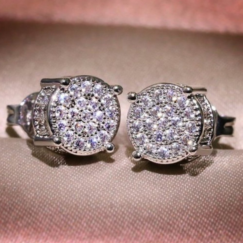 NEW Silver Pave Diamond All Around Stud Earrings